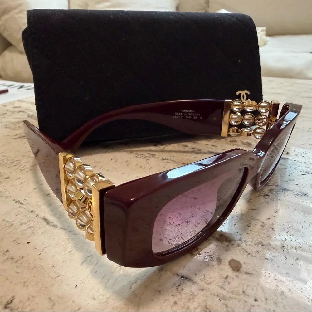 Chanel Burgundy Rectangular Sunglasses with Quilted Case